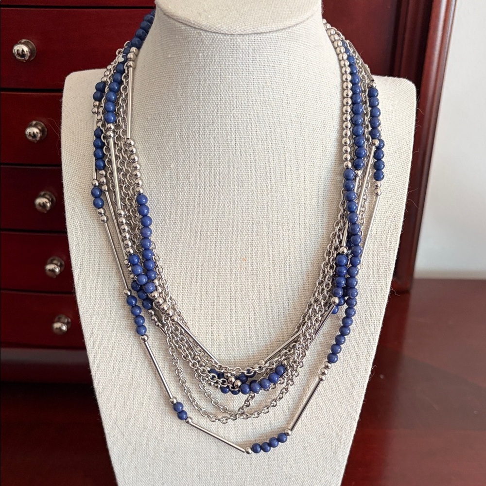 Premier Designs Multi-Strand Silver Chain Necklace with Blue Beads #413